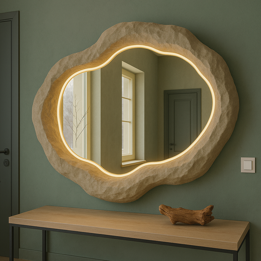 Organic Sculptural LED Wall Mirror | 120x80 cm (47.2"x31.5") Modern Handmade Mirror | Textured Fiberglass Lighted Mirror