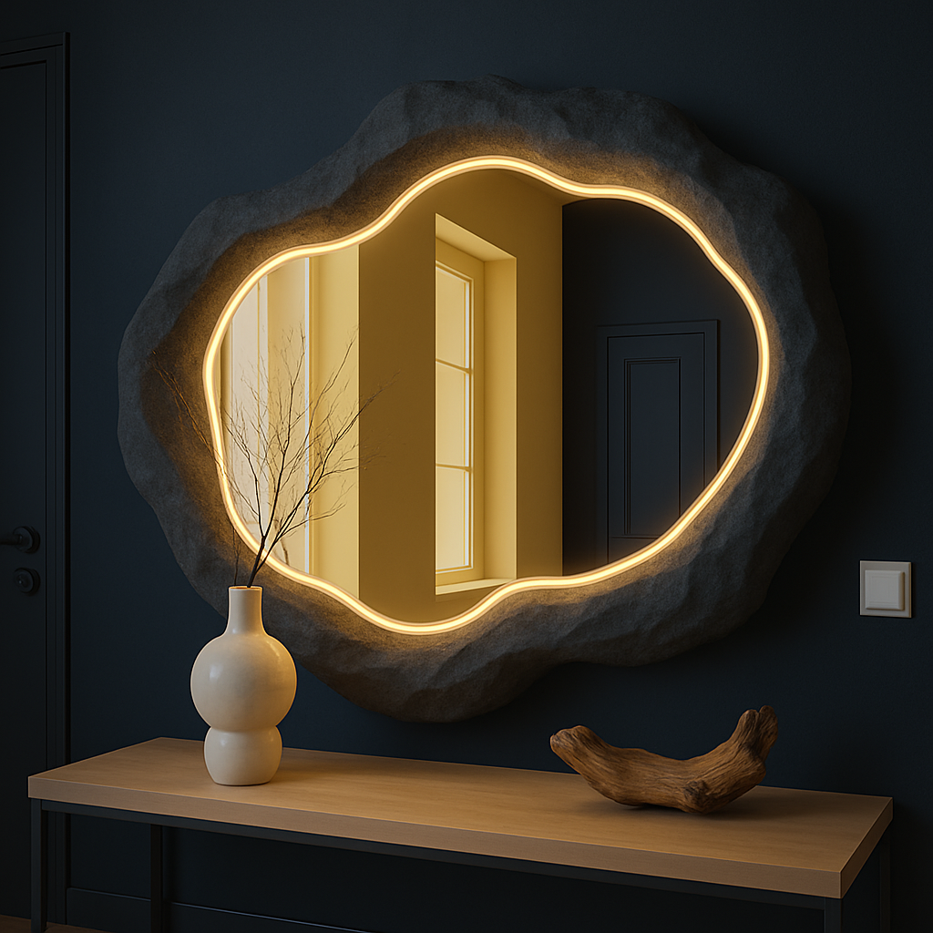 Organic Sculptural LED Wall Mirror | 120x80 cm (47.2"x31.5") Modern Handmade Mirror | Textured Fiberglass Lighted Mirror
