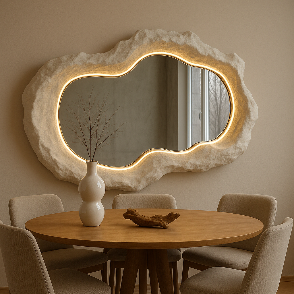 Organic Sculptural LED Wall Mirror | 120x80 cm (47.2"x31.5") Modern Handmade Mirror | Textured Fiberglass Lighted Mirror