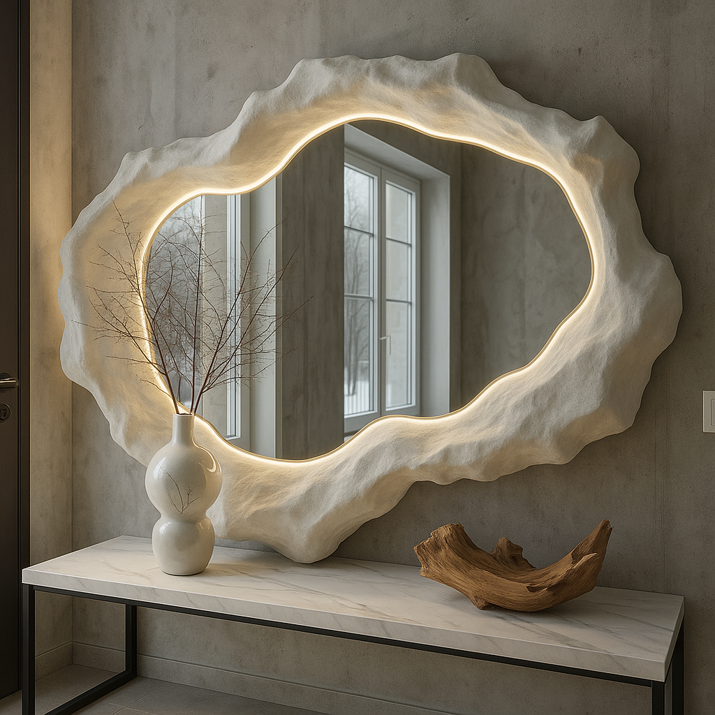 Organic Sculptural LED Wall Mirror | 120x80 cm (47.2"x31.5") Modern Handmade Mirror | Textured Fiberglass Lighted Mirror
