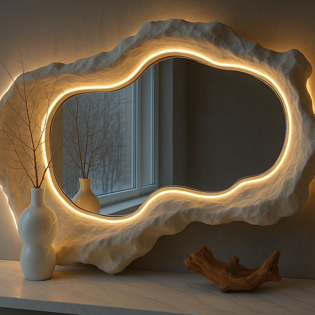 Organic Sculptural LED Wall Mirror | 120x80 cm (47.2"x31.5") Modern Handmade Mirror | Textured Fiberglass Lighted Mirror