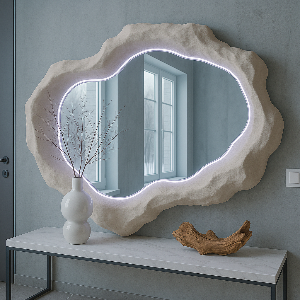 Organic Sculptural LED Wall Mirror | 120x80 cm (47.2"x31.5") Modern Handmade Mirror | Textured Fiberglass Lighted Mirror