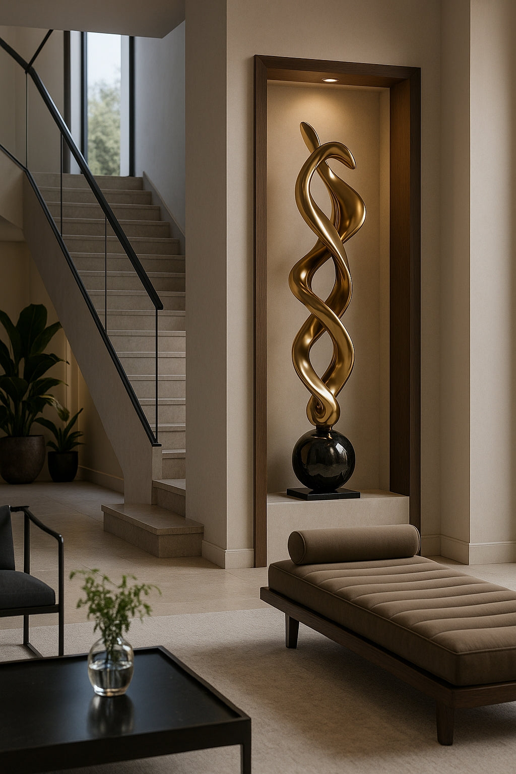 Gold Abstract Floor Sculpture | 180 cm Statement Art Piece | Modern Fiberglass Twist Sculpture for Luxury Interiors