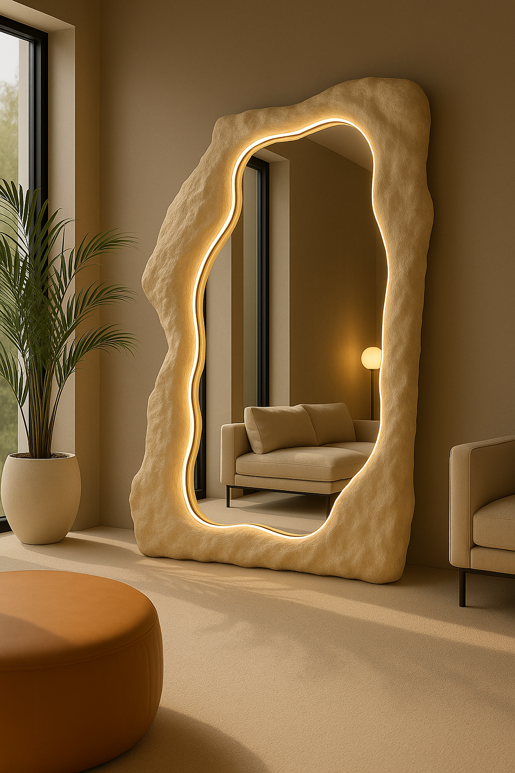 Organic Freeform Floor Mirror | 180x80 cm (70.8"x31.5") Abstract Standing Mirror | Handcrafted Textured Frame | Custom Sculptural Design