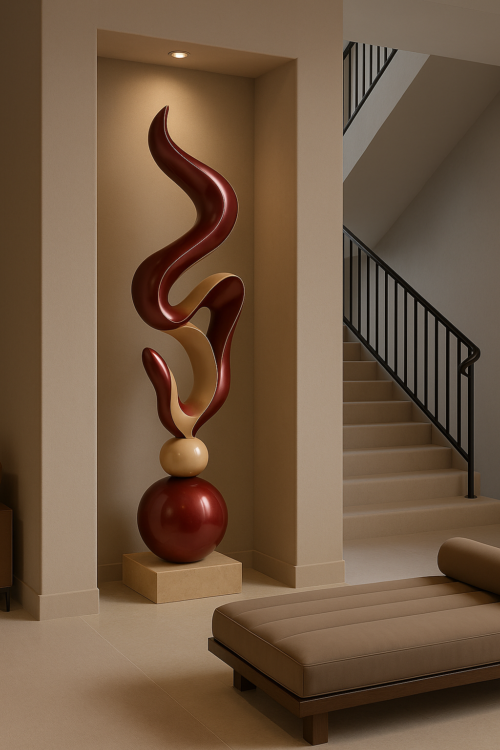 Modern Abstract Floor Sculpture – Large Twisted Flame-Inspired Statement Art – Handcrafted High-Gloss Fiberglass Decor for Elegant Interiors