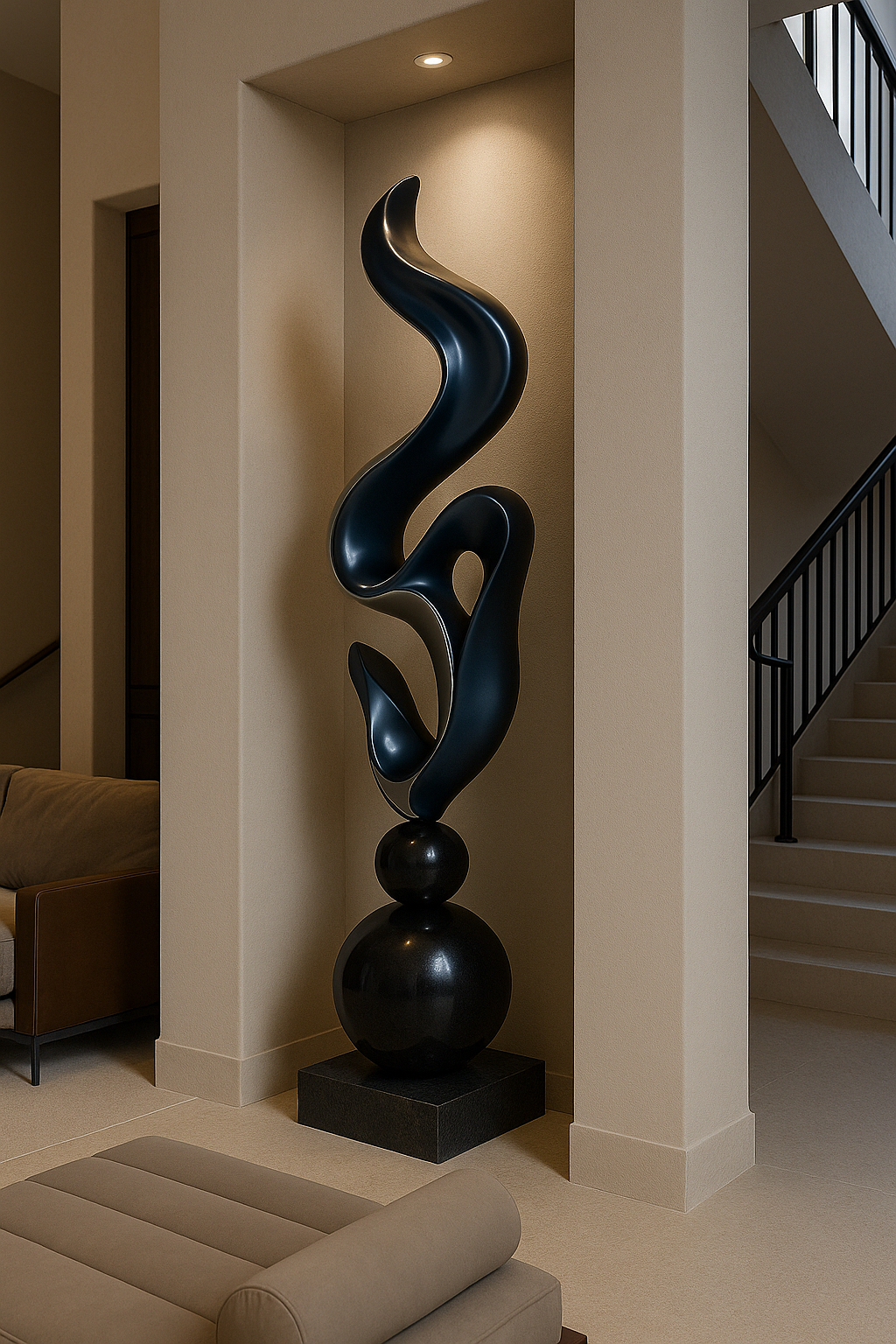 Modern Abstract Floor Sculpture – Large Twisted Flame-Inspired Statement Art – Handcrafted High-Gloss Fiberglass Decor for Elegant Interiors