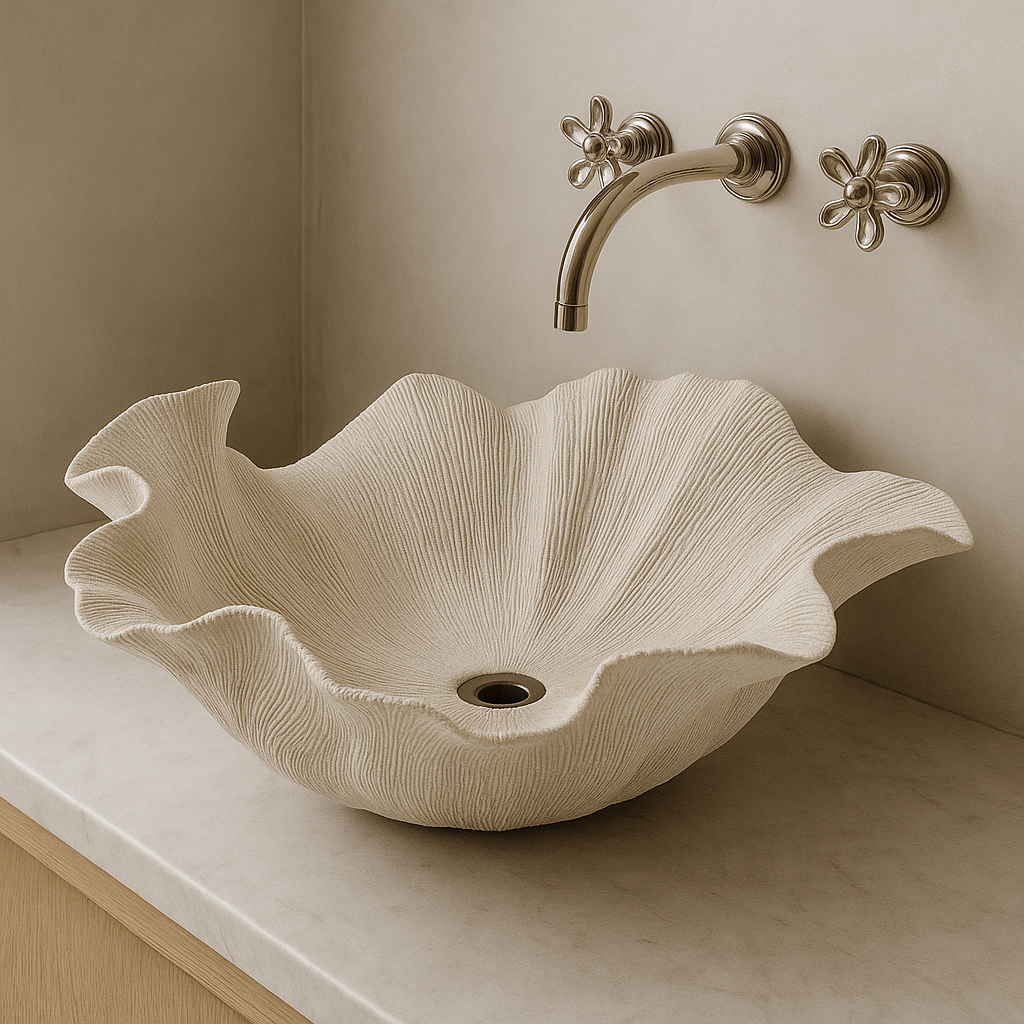 Handmade Organic Shaped Flower Vessel Sink in Fiberglass Polyester Resin | Artistic Modern Bathroom Design with Yacht-Grade Material