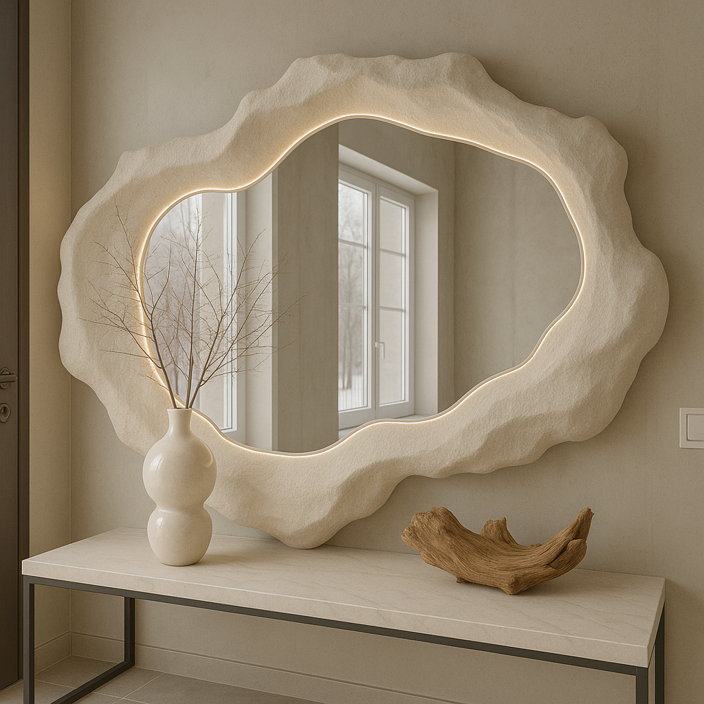 Organic Sculptural LED Wall Mirror | 120x80 cm (47.2"x31.5") Modern Handmade Mirror | Textured Fiberglass Lighted Mirror