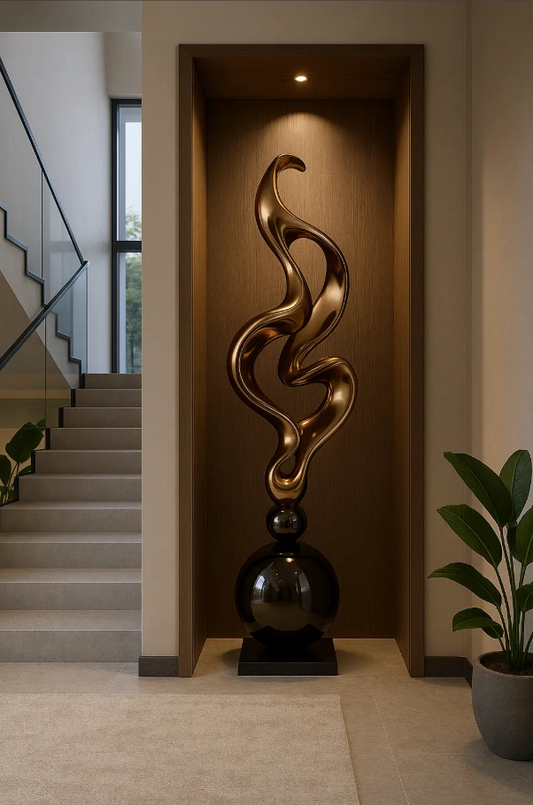 Modern Abstract Gold Floor Sculpture | 180 cm Tall Decorative Art Piece | Fiberglass Interior Statement