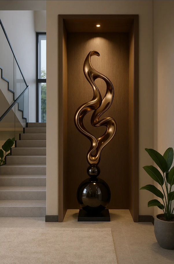 Scultura da pavimento moderna astratta in oro | Opera d'arte decorativa alta 180 cm | Dichiarazione d'interni in fibra di vetro