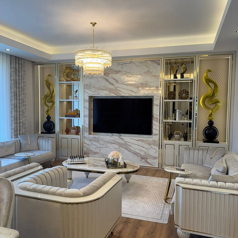 Scultura da pavimento moderna astratta in oro | Opera d'arte decorativa alta 180 cm | Dichiarazione d'interni in fibra di vetro