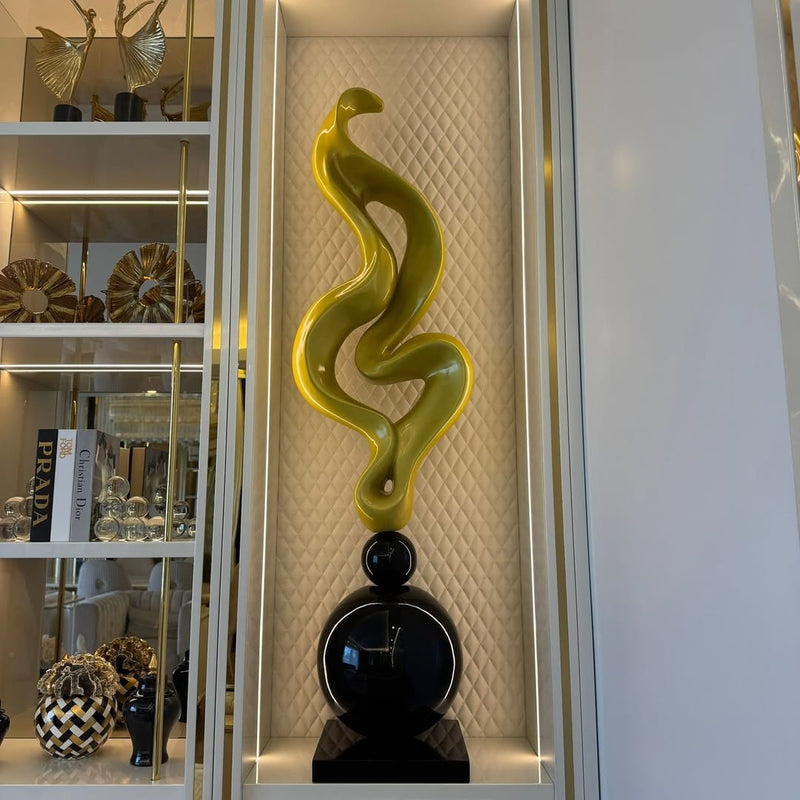Scultura da pavimento moderna astratta in oro | Opera d'arte decorativa alta 180 cm | Dichiarazione d'interni in fibra di vetro