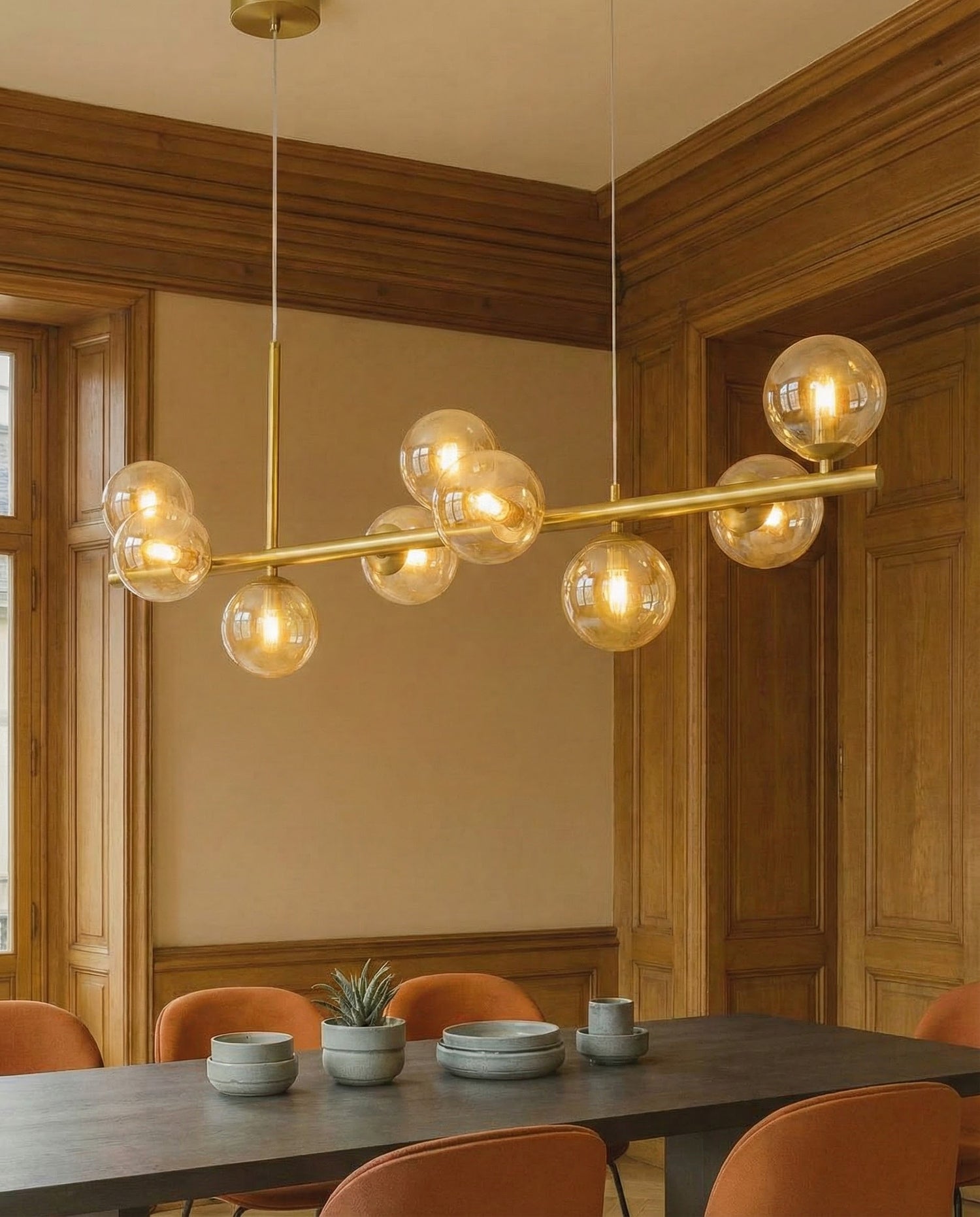 The Axis Avize | Eskitme Pirinç Gövdeli 8 Küreli Lineer Avize