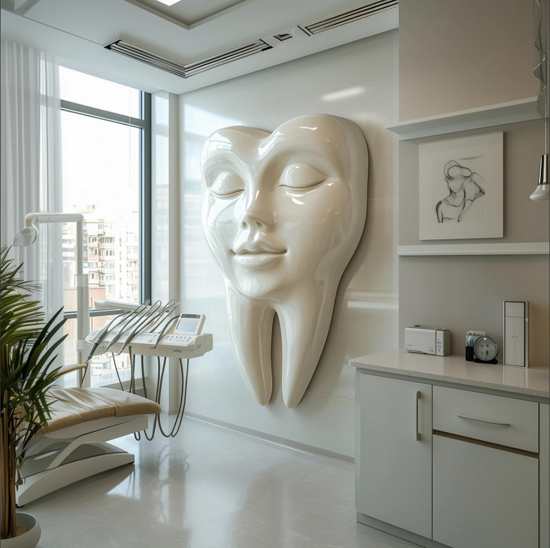 Diş Figürlü Duvar Heykeli – Diş Klinikleri İçin Modern 3D Sanatsal Heykel