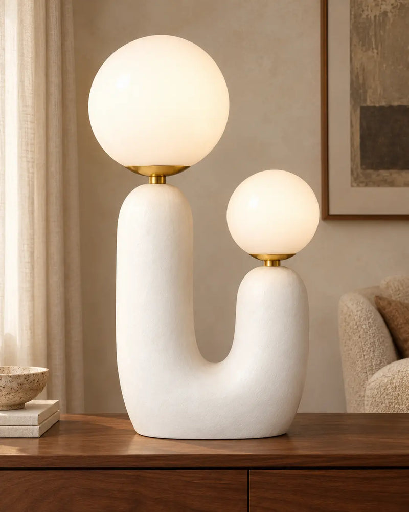 Lampada da tavolo scultorea a doppia sfera Duvia Compact – Corpo bianco