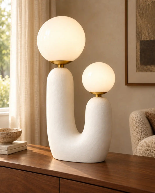 Lampada da tavolo scultorea a doppia sfera Duvia Compact – Corpo bianco
