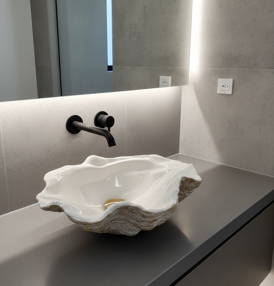 Architectural Fiberglass Seashell Vessel Sink - Handcrafted Luxury Bathroom Sculpture - Oversized Clamshell Resin Basin, Custom Order