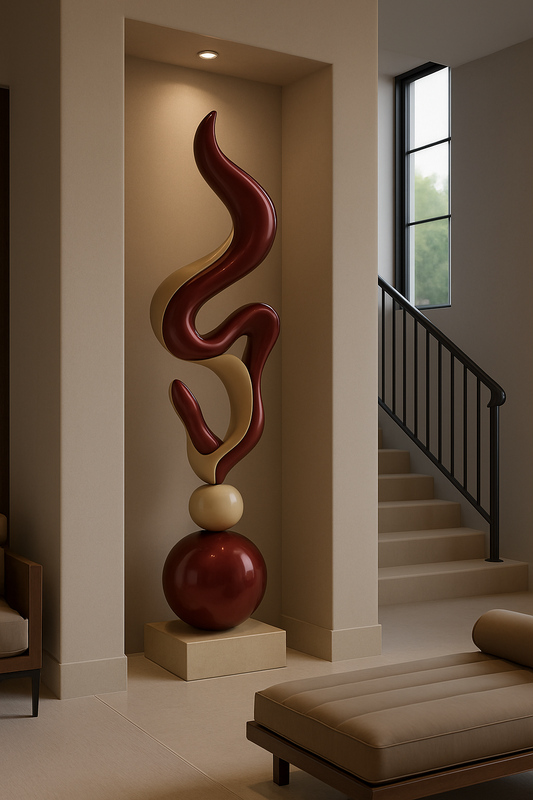Modern Abstract Floor Sculpture – Large Twisted Flame-Inspired Statement Art – Handcrafted High-Gloss Fiberglass Decor for Elegant Interiors