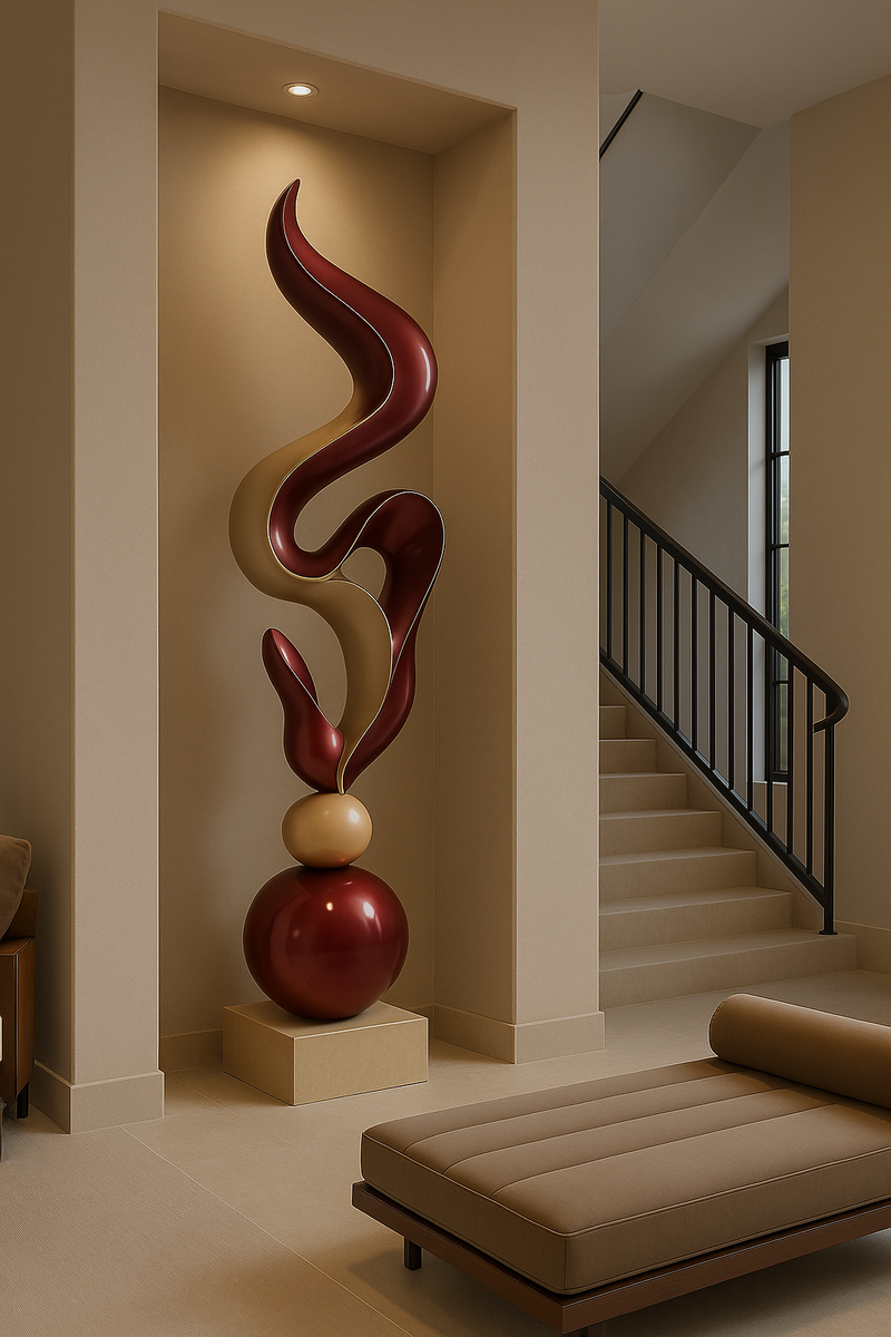 Scultura da pavimento astratta moderna: forma di fiamma contorta (180 cm) - Fibra di vetro e vernice per auto