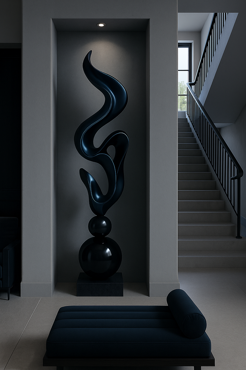 Scultura da pavimento astratta moderna: forma di fiamma contorta (180 cm) - Fibra di vetro e vernice per auto